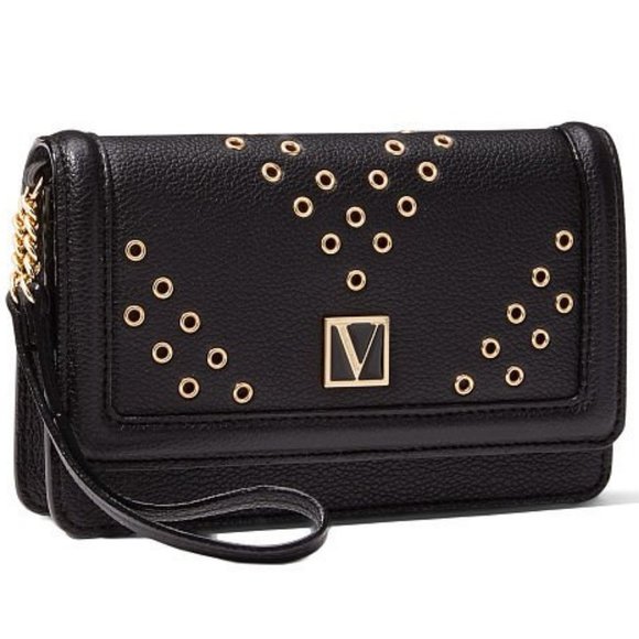 Victoria's Secret Handbags - VICTORIA'S SECRET BLACK GOLD GROMMET TECH WRISTLET BAG (WALLET + CLUTCH)**NEW!